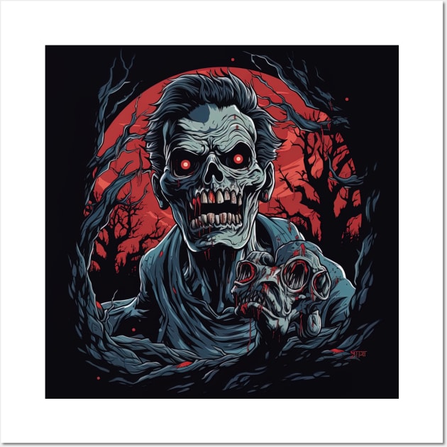 scary zombie with red eyes and red moon in background,halloween design Wall Art by Maverick Media